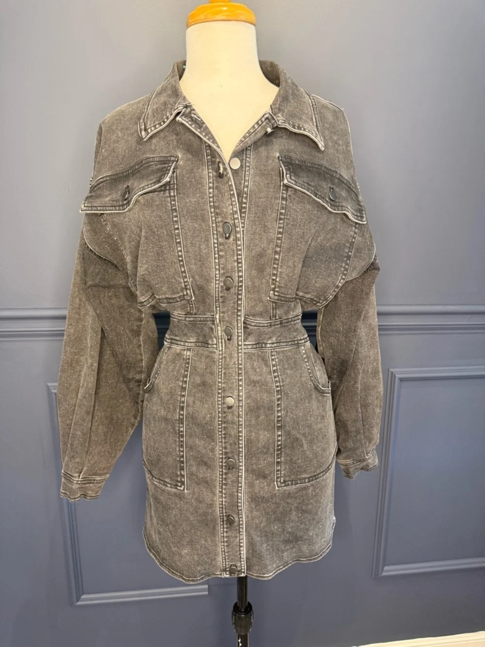 Free People Washed Black Denim Utility Jacket Dress - Picture 1 of 6